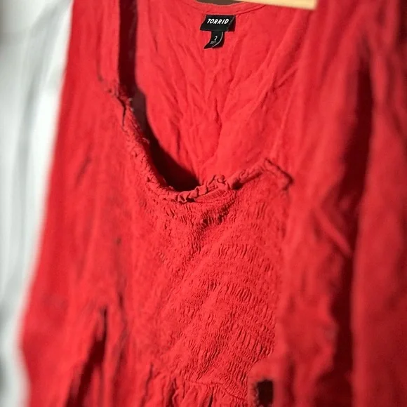 Torrid Orange Babydoll Slub with Lace Inset Smocked Tiered Top, Women’s Plus 2 - Picture 3 of 7